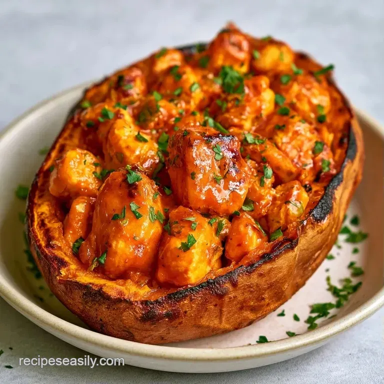 Golden roasted sweet potato skins stuffed with glossy red-orange chicken and topped with fresh green scallions.