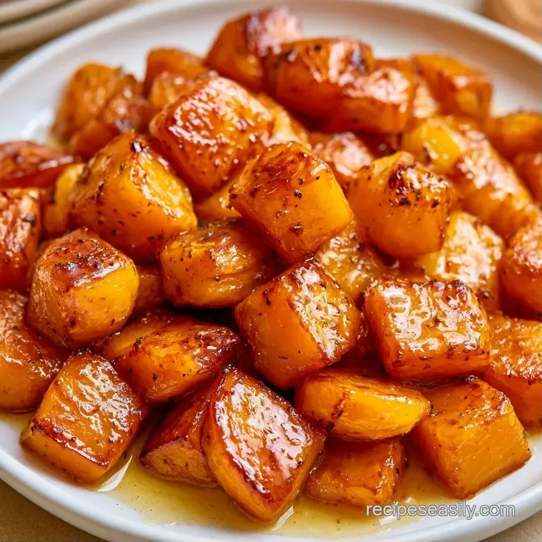 A creamy orange squash square on a white plate, topped with toasted golden crumbs and a fresh sprig of thyme.