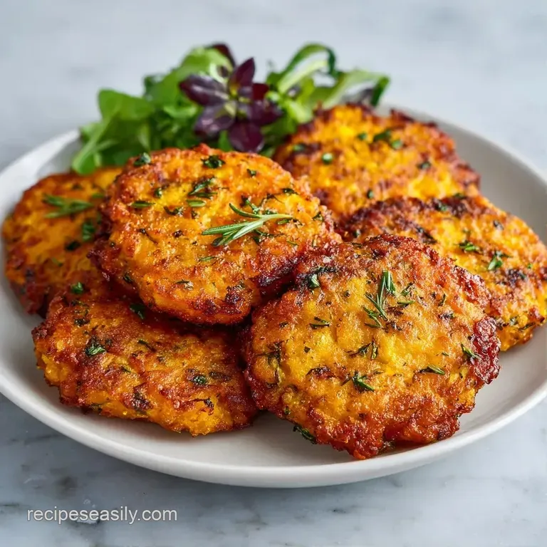Neatly arranged orange vegetable patties on a slate platter, garnished with microgreens and a swirl of garlic aioli.