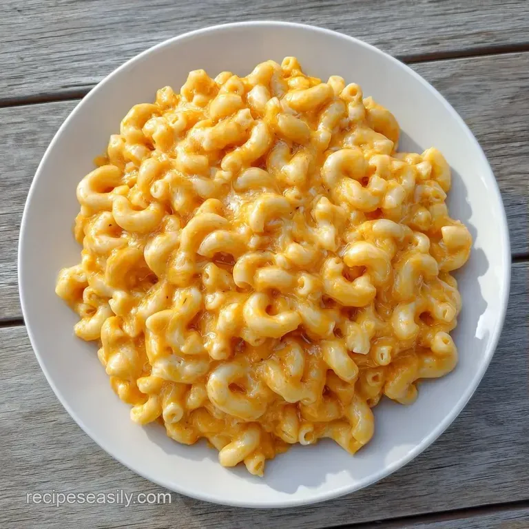 A ceramic bowl of orange pasta topped with melted Gruy&egrave;re and a pinch of paprika on a neutral linen napkin