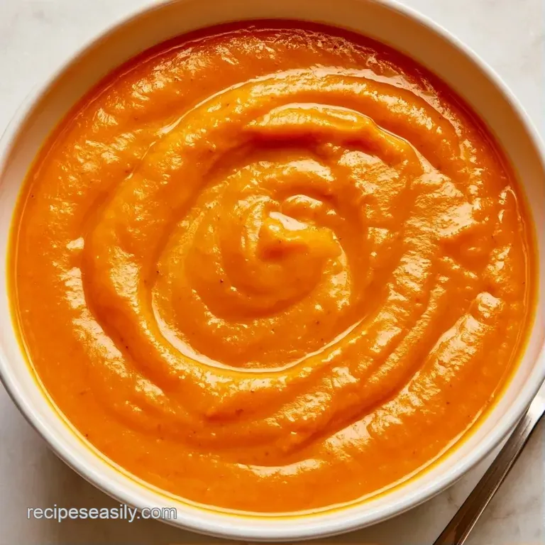 Elegant white bowl of thick golden soup garnished with a drizzle of cream, fresh chives, and a side of crusty bread.