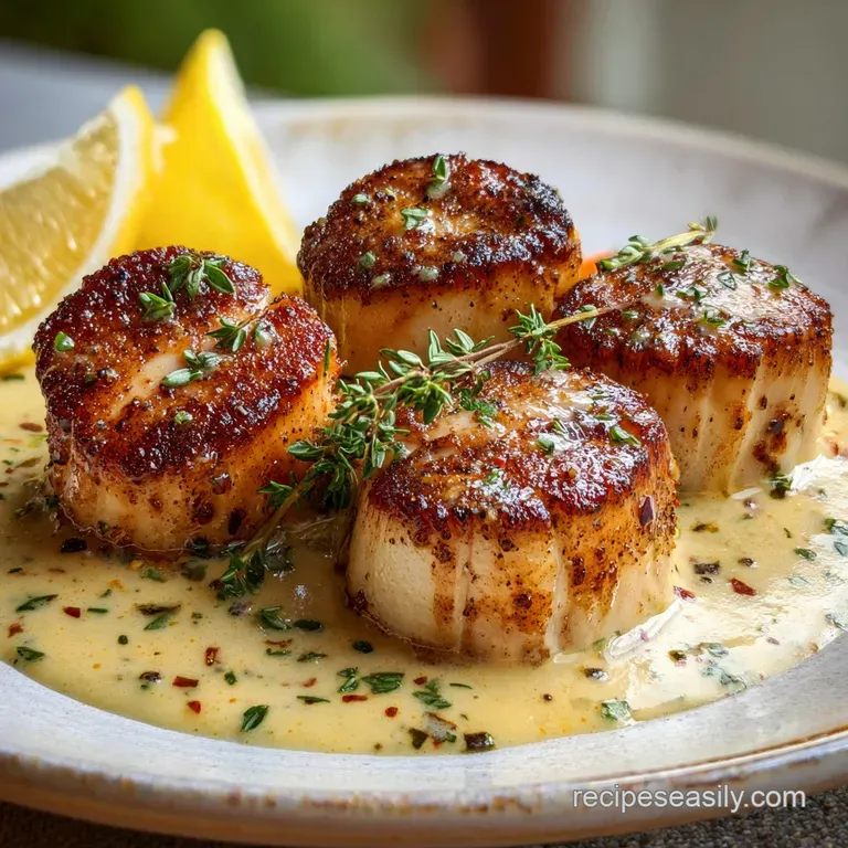 Perfectly seared scallops arranged artfully on a bed of creamy sauce, garnished with fresh herbs. Elegant and flavorful di...