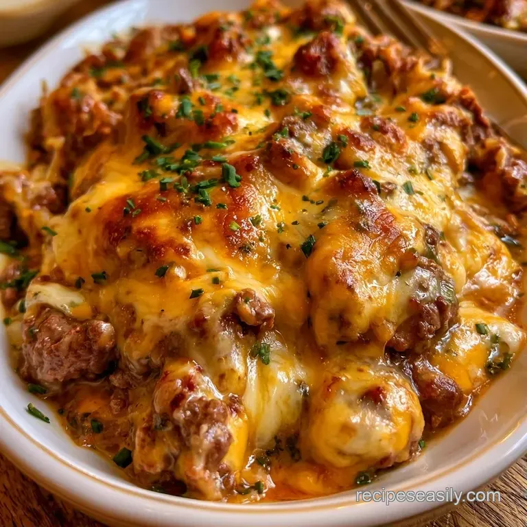 A square slice of golden potato casserole on a white plate with melted cheese dripping down the juicy beef side.