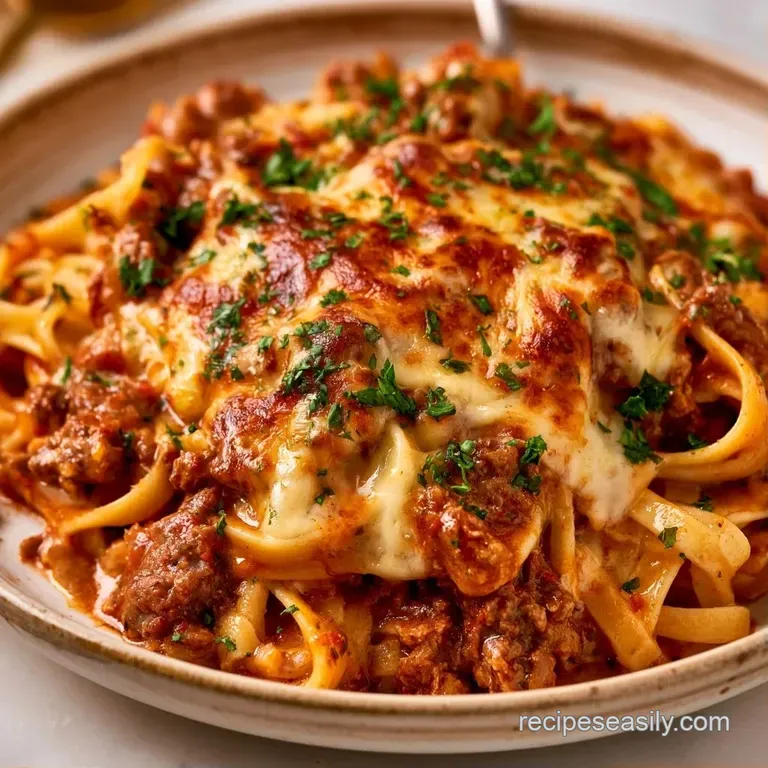 A neat square portion of cheesy pasta and tender beef garnished with fresh parsley on a matte grey ceramic plate.