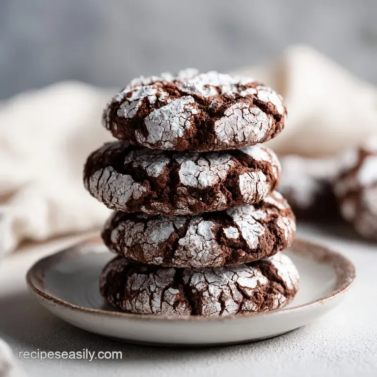 A trio of deeply fudgy chocolate crinkle cookies on a simple white plate with a dusting of sugar.