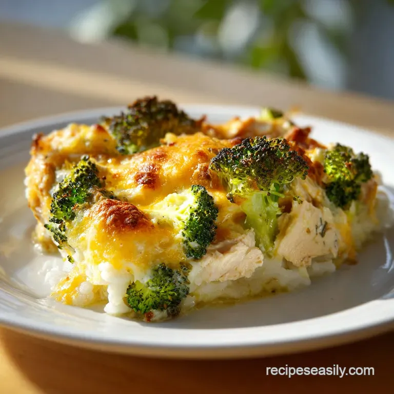 A neat square slice of cheesy chicken and rice with vibrant broccoli florets served on a clean white ceramic plate.