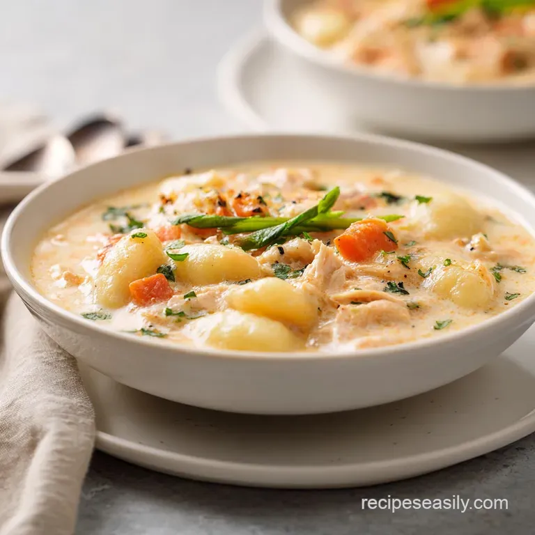 A steaming bowl of creamy soup with golden chicken and soft gnocchi, garnished with fresh parsley; spoon mid-scoop for tex...