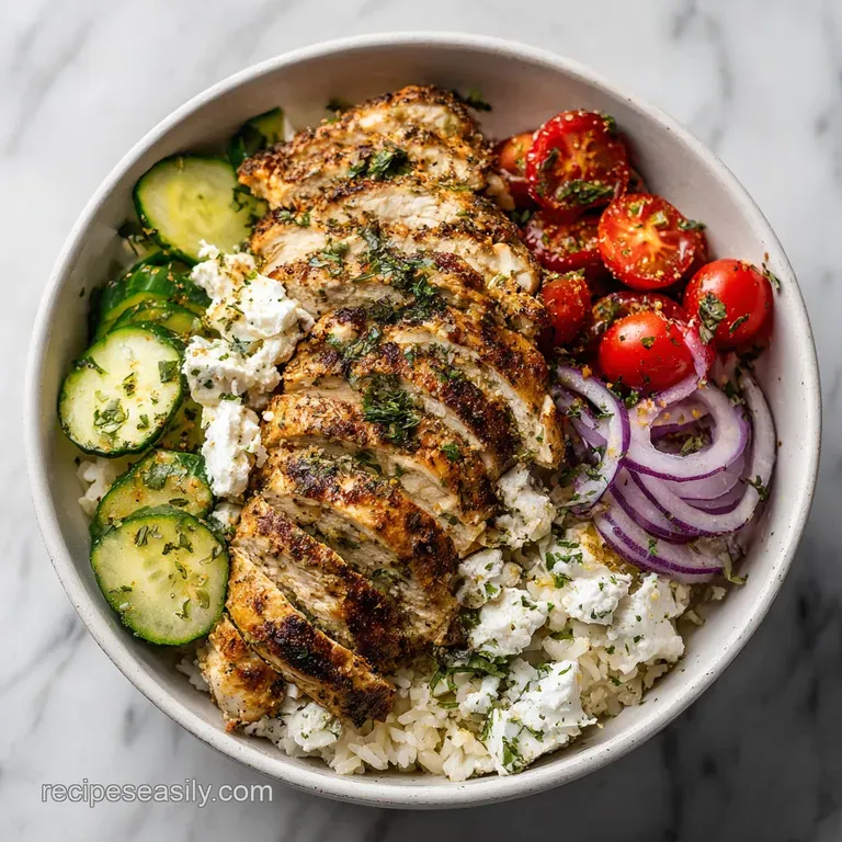 A perfectly plated chicken gyro bowl: juicy chicken, bright tomatoes, crisp lettuce artfully arranged over rice with a dri...