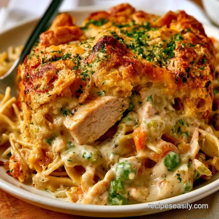 Neatly plated scoop of creamy pasta and tender chicken topped with crisp herbs on a minimalist white ceramic plate.