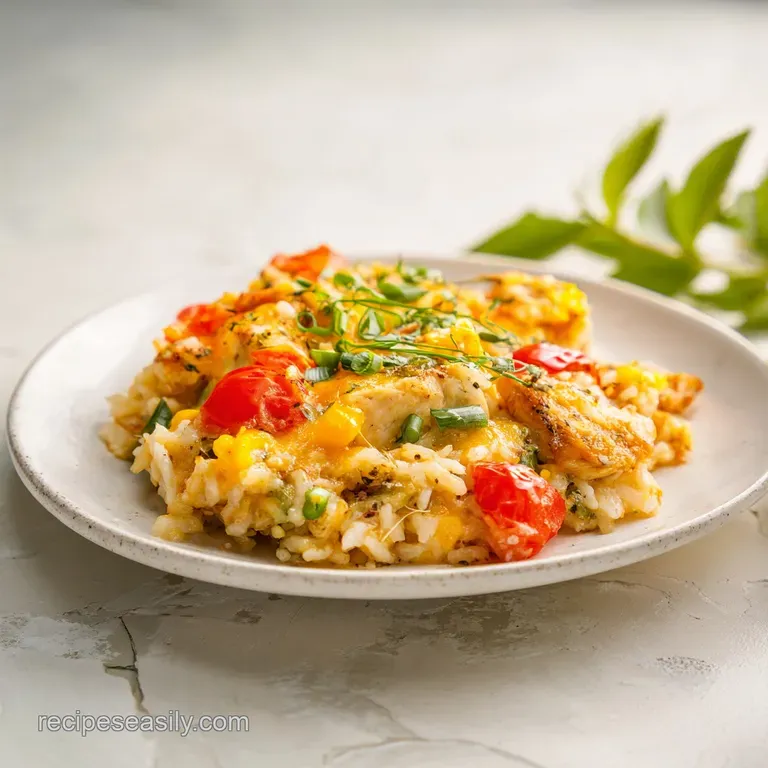 A generous scoop of chicken and rice casserole presented elegantly with a sprinkle of fresh parsley.