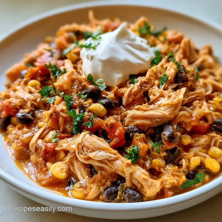 Heaping portion of creamy chicken and corn topped with sour cream and green onions on a modern stoneware plate.