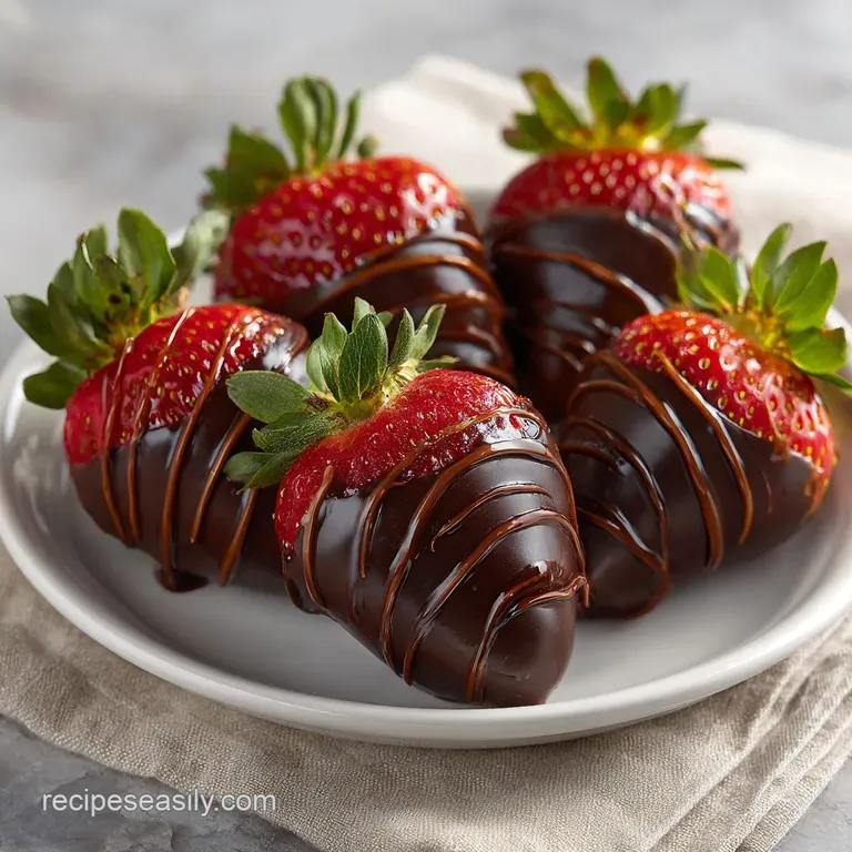 Elegant arrangement of chocolate-covered strawberries on a white plate, drizzled with white chocolate, hinting at juicy sw...