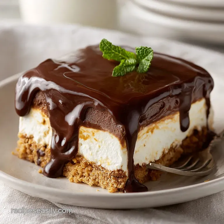 Slices of dark cocoa cake arranged on white porcelain plates, garnished with a sprig of mint and a peppermint swirl.