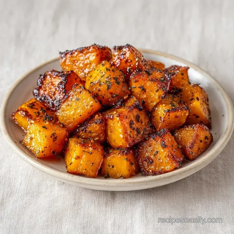 Neatly arranged cubes of roasted orange squash on a white ceramic plate, garnished with a sprig of fresh parsley.
