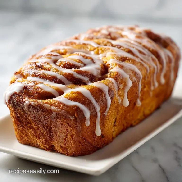 Sliced swirls of golden-brown baked bread on a ceramic plate, drizzled with white icing and dusted with cinnamon.