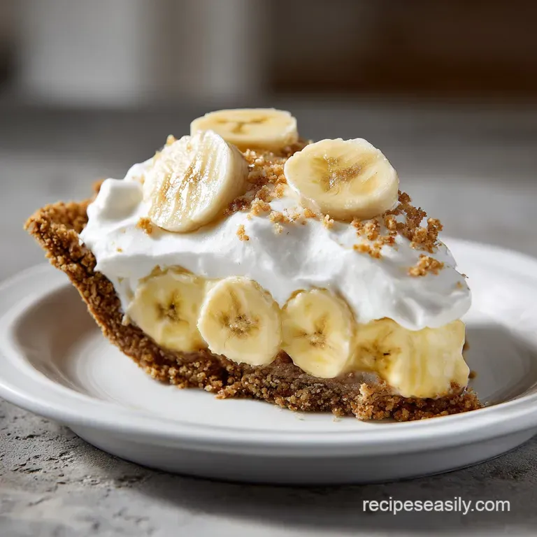 Slice of banana cream pie with layers of flaky crust, smooth custard, fresh banana, and fluffy whipped cream.