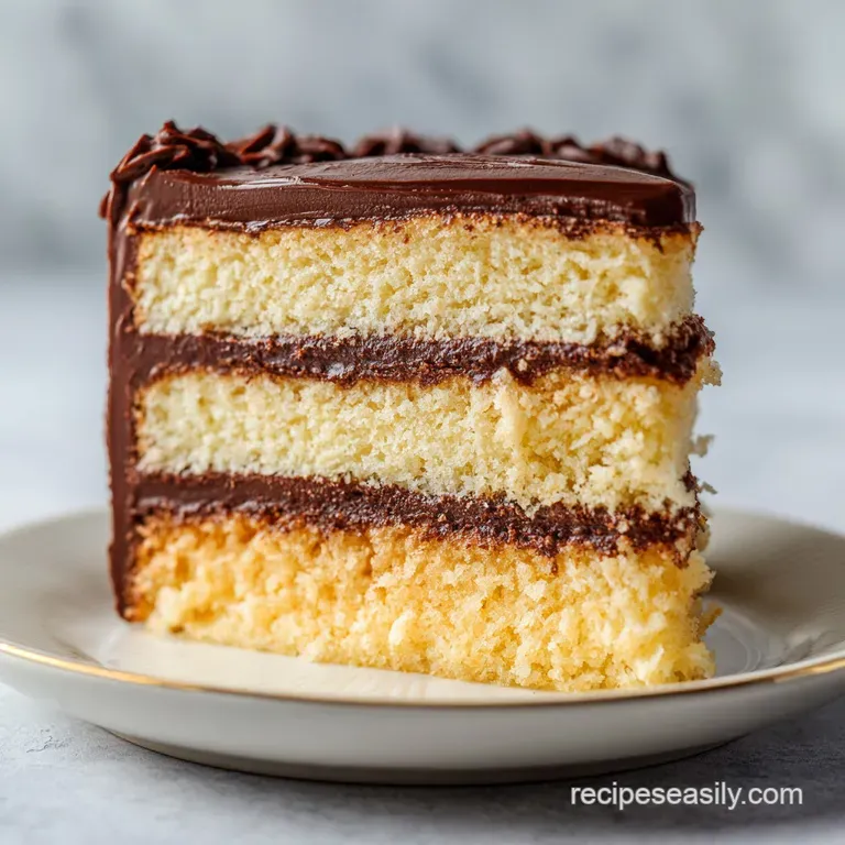 A slice of fluffy yellow cake, subtly dusted, elegantly presented on a white plate with a fork.