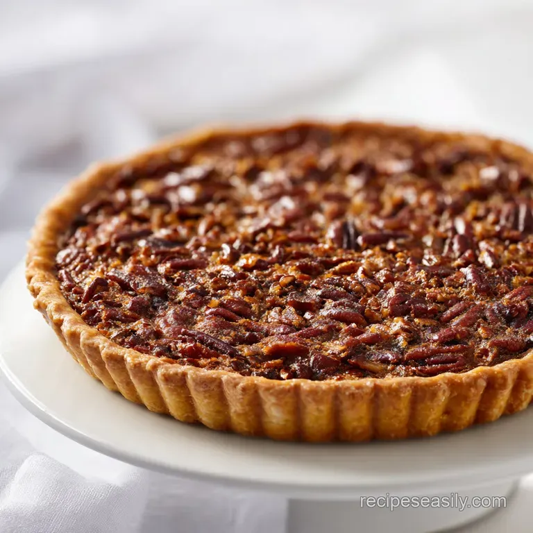 A precise slice of toasted nut tart topped with a dollop of white whipped cream on a clean white ceramic plate.