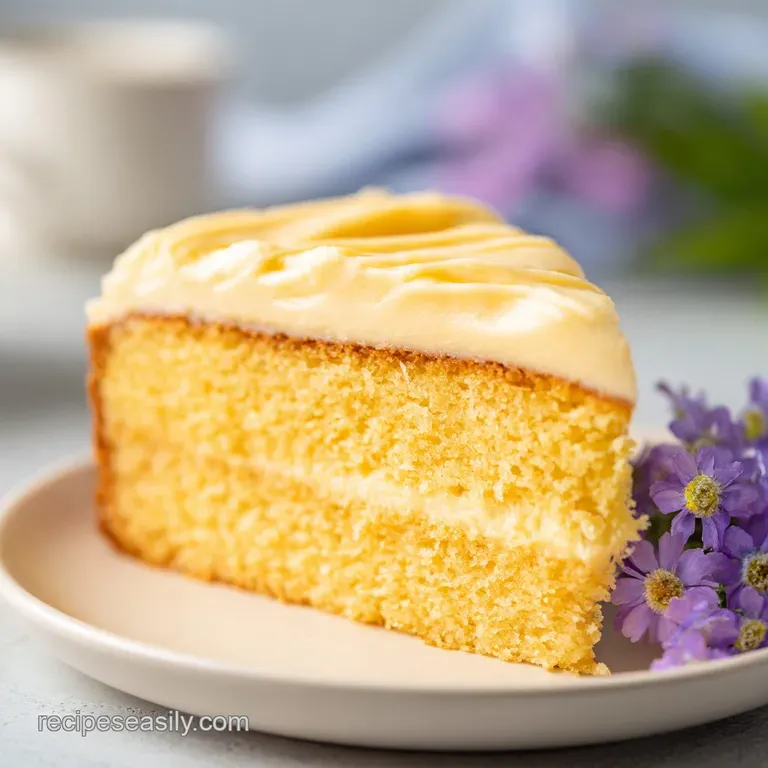 A thin slice of golden sponge cake with swirls of white frosting on a slate plate with a dusting of powdered sugar.