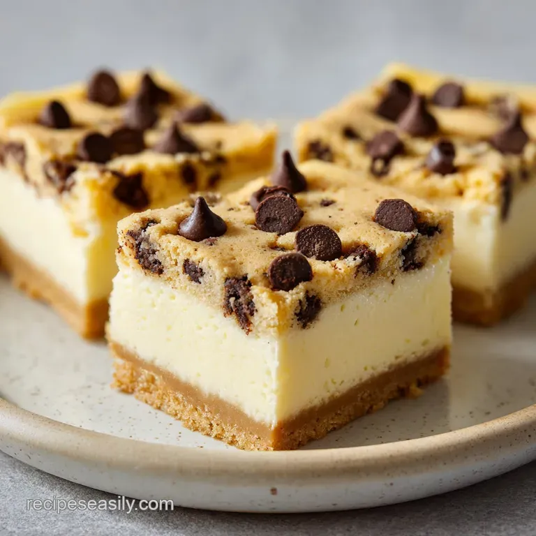 Square slices of layered cream and cookie dough dessert stacked on a marble slab with a dusting of cocoa powder