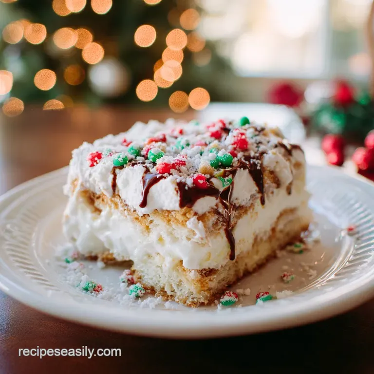Slice of cookie lasagna on white plate. Visible layers of colorful sprinkles, frosting, and cookie pieces create a festive...