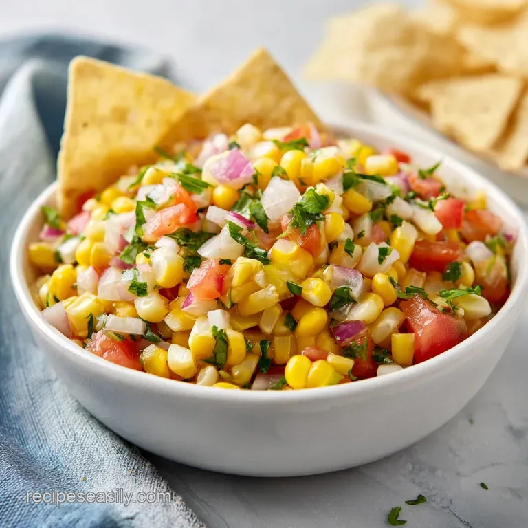 A rustic bowl overflows with a colorful mix of fresh corn, diced peppers, and finely chopped herbs.