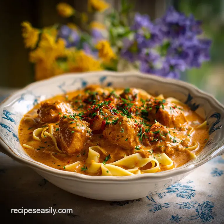 Elegant plate of chicken paprikash: Tender chicken in a rich, paprika-infused sauce, garnished with fresh herbs and a swir...
