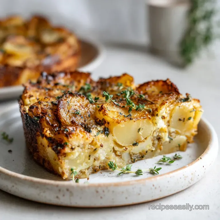 Slice of creamy potato pie with browned top, artfully plated. Parsley garnish provides a pop of fresh green color.