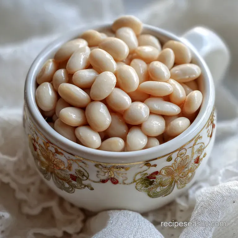 A vibrant bowl of white beans, garnished with herbs and a swirl of olive oil, inviting and beautifully plated.