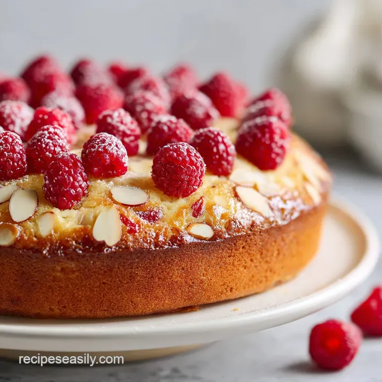 Slice of almond cake with plump raspberries. The cake's crumb is moist, beside a dollop of cream, hinting at a delicious d...