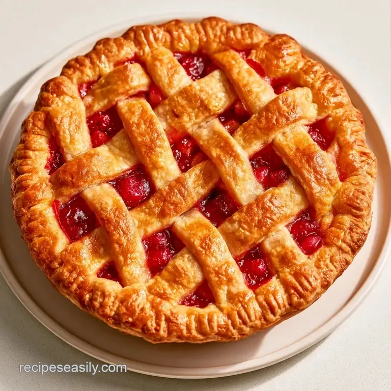 A slice of warm pie with golden crust and tart red berries on a white plate, topped with a scoop of melting ice cream.