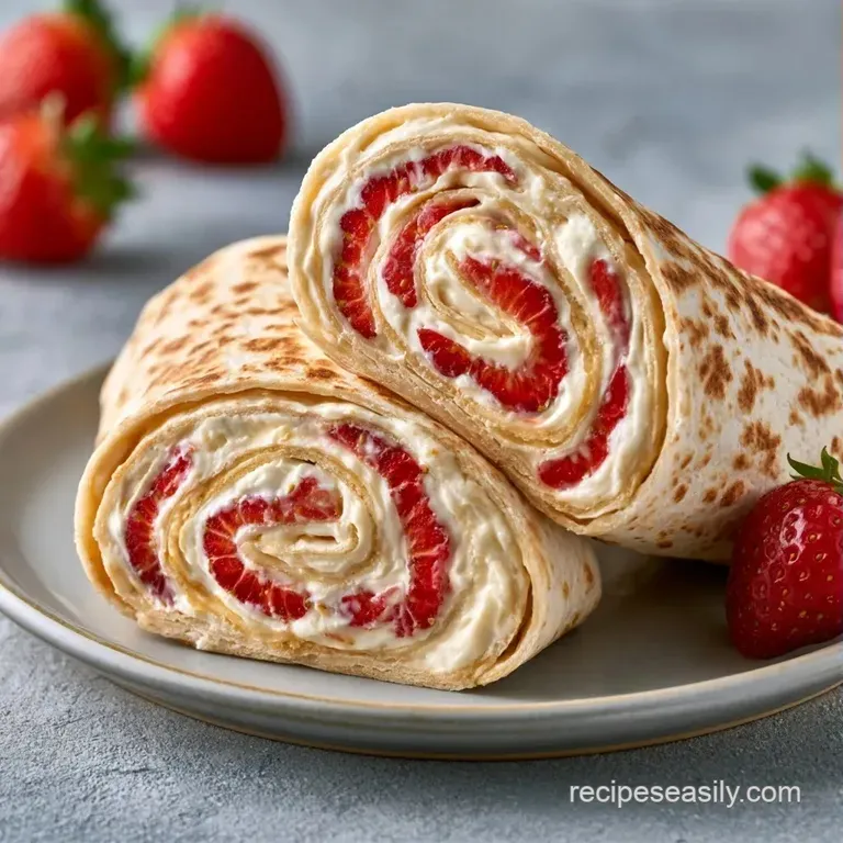Neatly sliced wraps showing swirls of white cream and bright fruit, plated on marble with a fresh mint garnish.