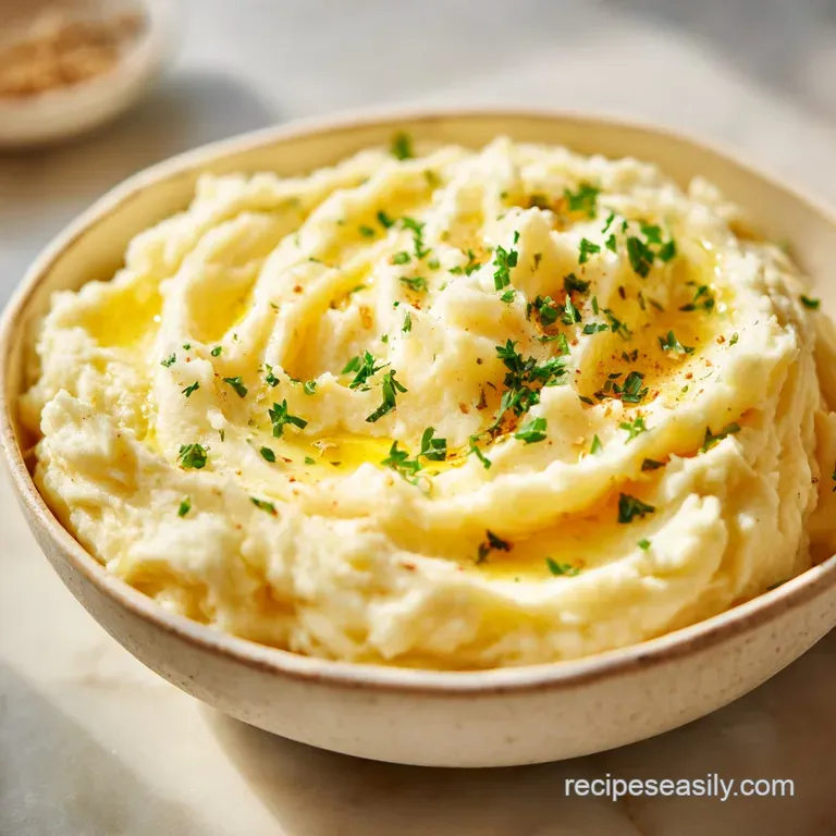 Piped, creamy mashed potatoes stand tall, graced with golden butter and fresh herbs, plated elegantly on white porcelain.