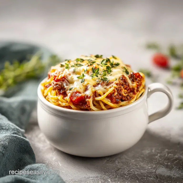 A generous scoop of creamy spaghetti with meaty sauce, artfully topped with a sprinkle of fresh herbs.