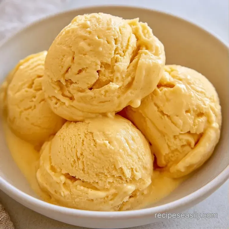 Three pale yellow frozen scoops on a white ceramic plate, garnished with a fresh mint leaf and golden caramel.