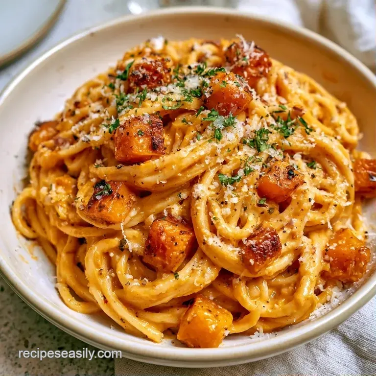 Vibrant orange pasta nests on a ceramic plate, topped with golden brown sage leaves and a dusting of cheese.