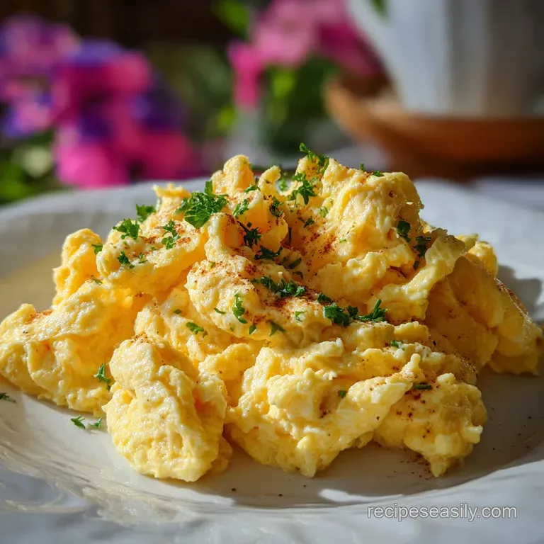 Creamy, cheesy scrambled eggs artfully piled on toasted sourdough, speckled with fresh chives, steam rising, appealing bre...