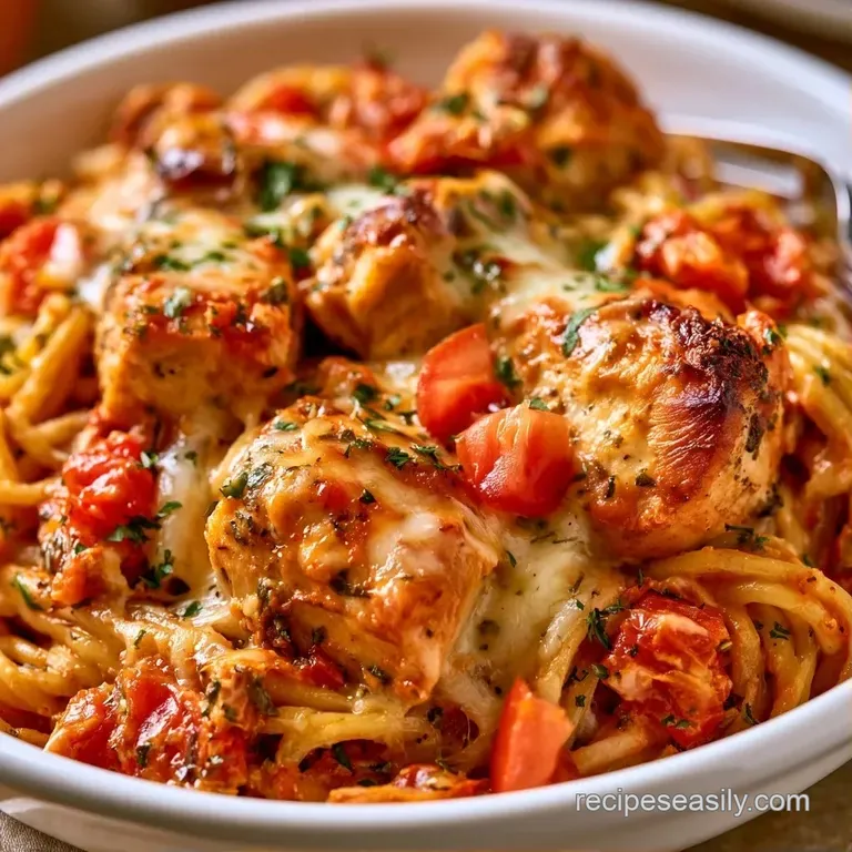 A generous scoop of creamy pasta and tender chicken topped with melted gold cheese on a white ceramic plate.