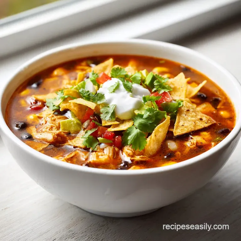 A steaming bowl of creamy chicken tortilla soup, garnished with fresh cilantro, avocado, and a drizzle of crema. Cozy comf...