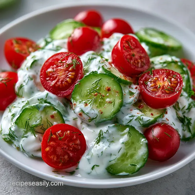 Bright red cherry tomatoes and crisp green cucumber wheels coated in white cream, plated on a slate platter.