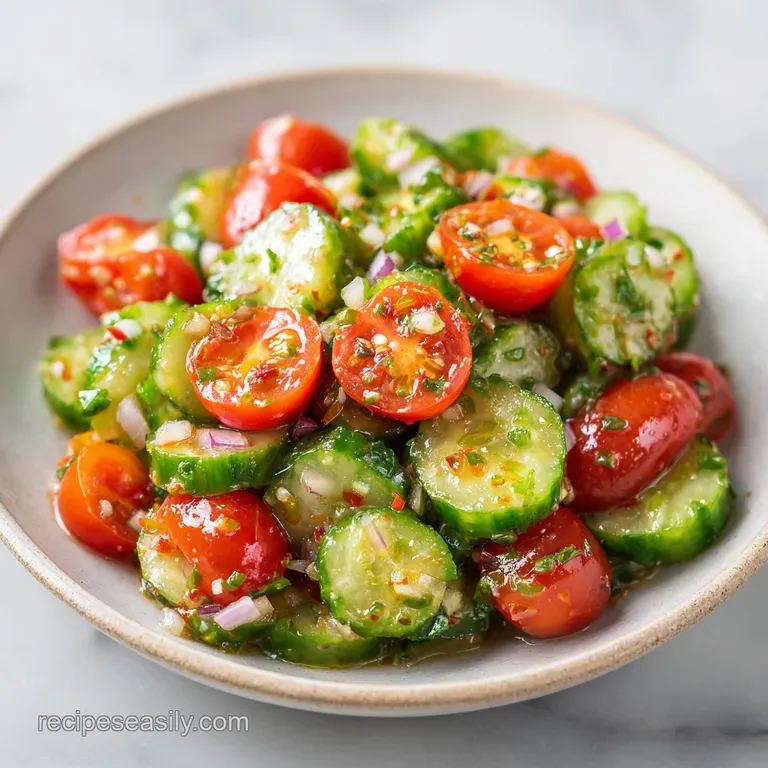 Fresh red cherry tomatoes and sliced cucumbers tossed in a creamy sauce on a white ceramic platter with dill.