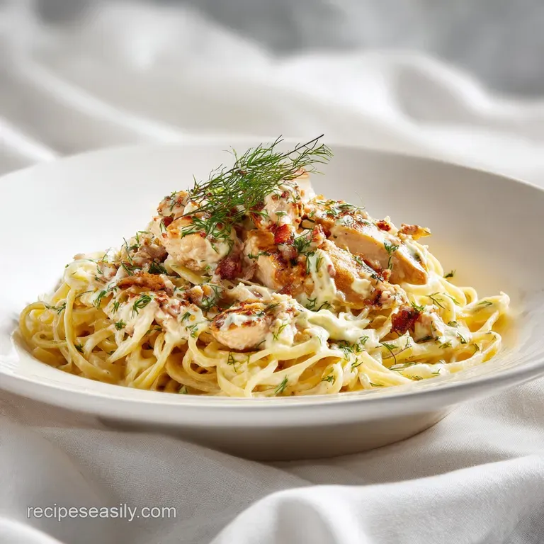 Elegant swirl of garlic chicken pasta with a glistening sauce, topped with fresh parsley and a dusting of parmesan.