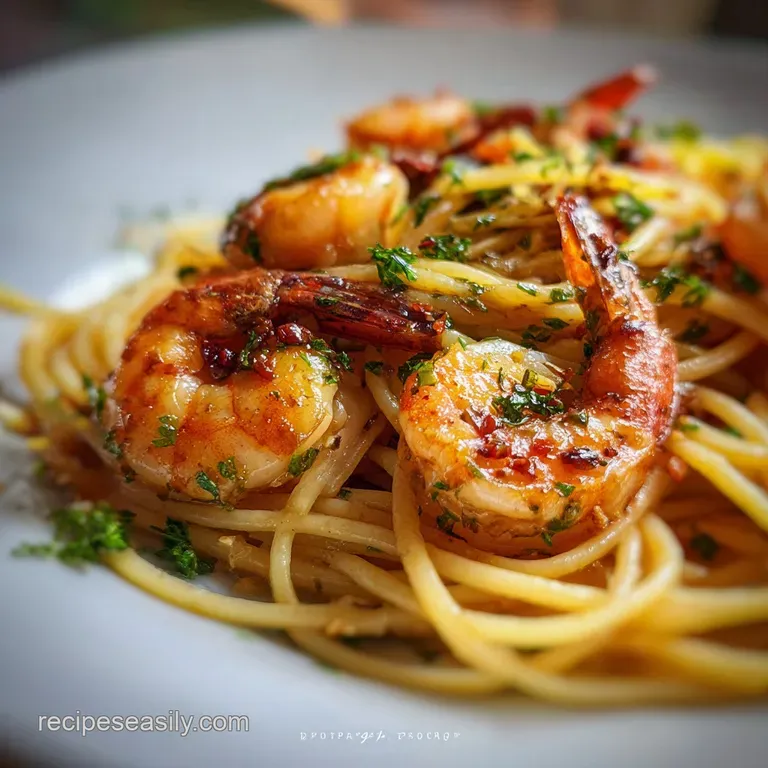 Perfectly plated pasta: garlic shrimp nestled amongst glistening noodles, topped with parsley and a sprinkle of red pepper...
