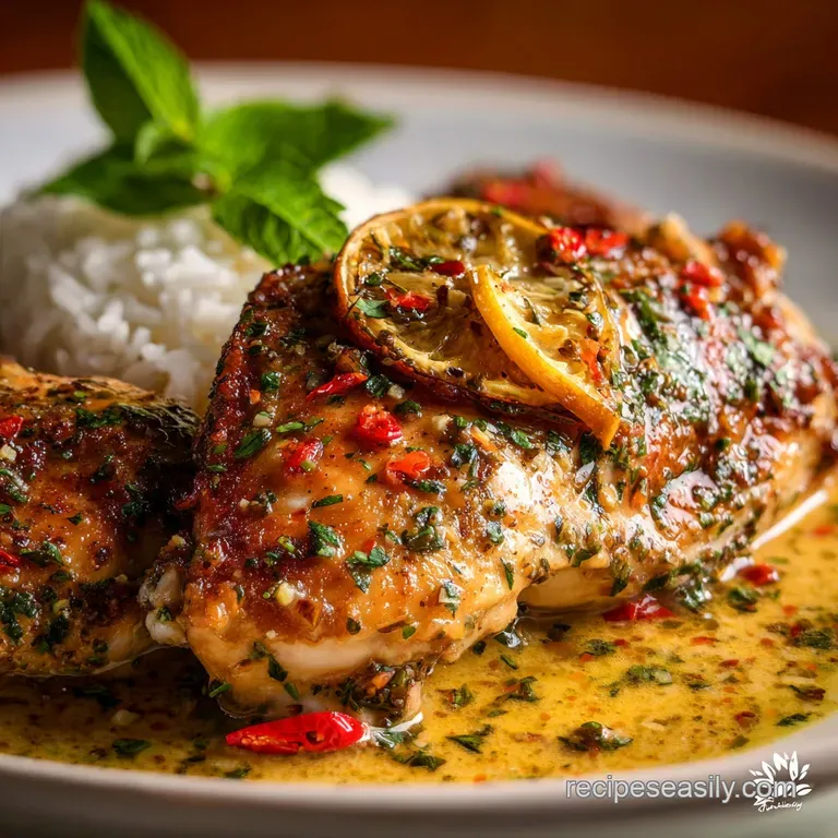 Creamy herb chicken and potatoes plated with a sprig of rosemary. Rich sauce glistens, hinting at a flavorful bite.