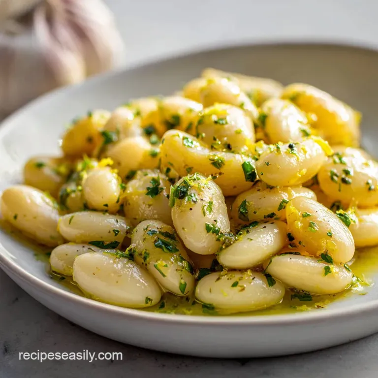 A vibrant plate of lemon butter beans, topped with fresh parsley, sits next to toasted bread for dipping in the rich sauce.