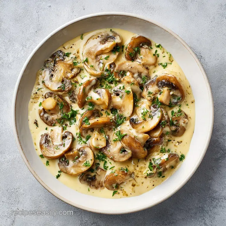 Elegant white plate featuring velvety mushroom sauce, tender beef slices, and a sprinkle of bright green parsley.