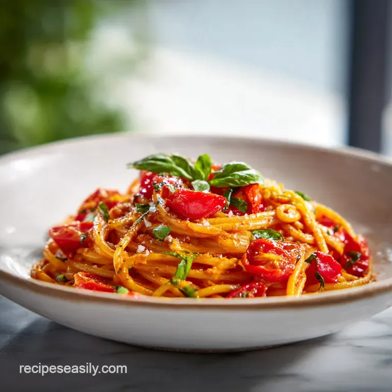 Elegant swirl of bright red pasta topped with fresh basil, a drizzle of cream, and a dusting of parmesan in a white bowl.