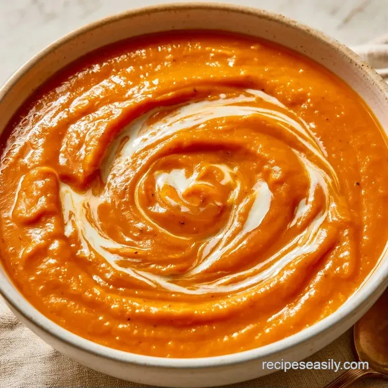Vibrant orange puree in a white ceramic bowl, garnished with toasted pumpkin seeds and a coconut cream drizzle.