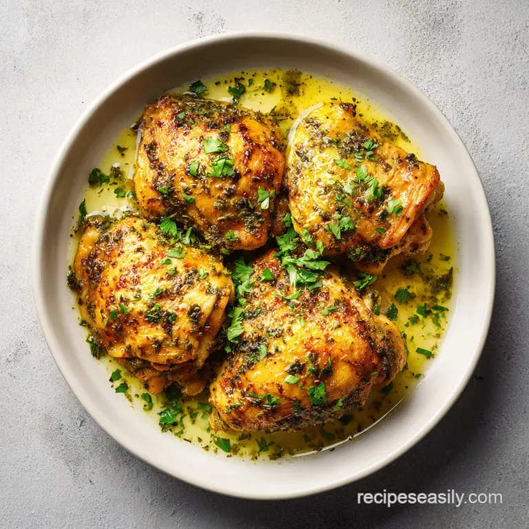 Perfectly baked chicken thigh with juicy, browned skin atop fluffy mashed potatoes and vibrant steamed green beans. A comf...