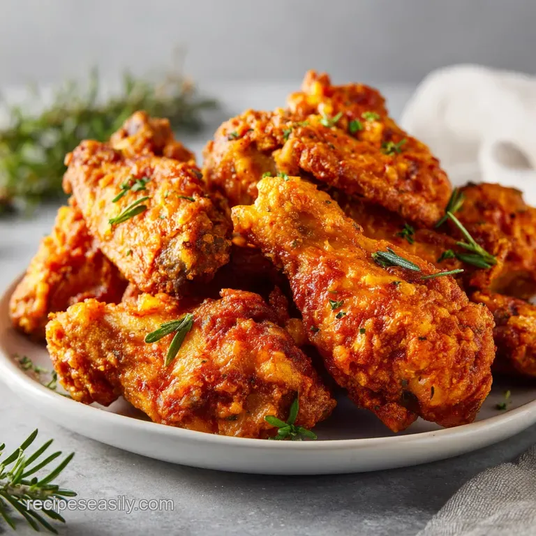 Crisp, golden-brown buffalo wings piled high on a white plate. Blue cheese dip and bright green celery offer a flavorful c...